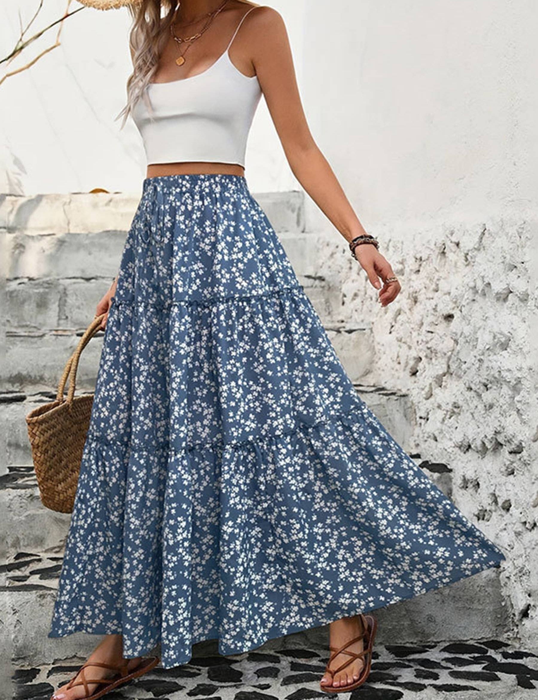 Floral Belt With Three-layer Splicing Skirt: Blue / L