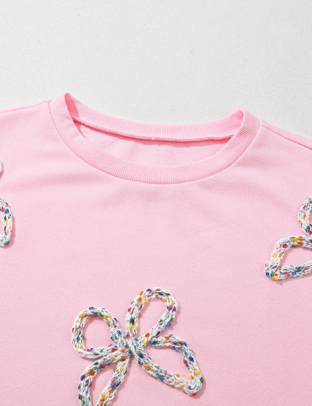 Embroidered Bow Lantern Sleeve Oversized Pullover Sweatshirt: Light Pink / 65%Polyester+35%Cotton / M