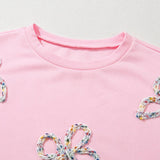 Embroidered Bow Lantern Sleeve Oversized Pullover Sweatshirt: Light Pink / 65%Polyester+35%Cotton / M