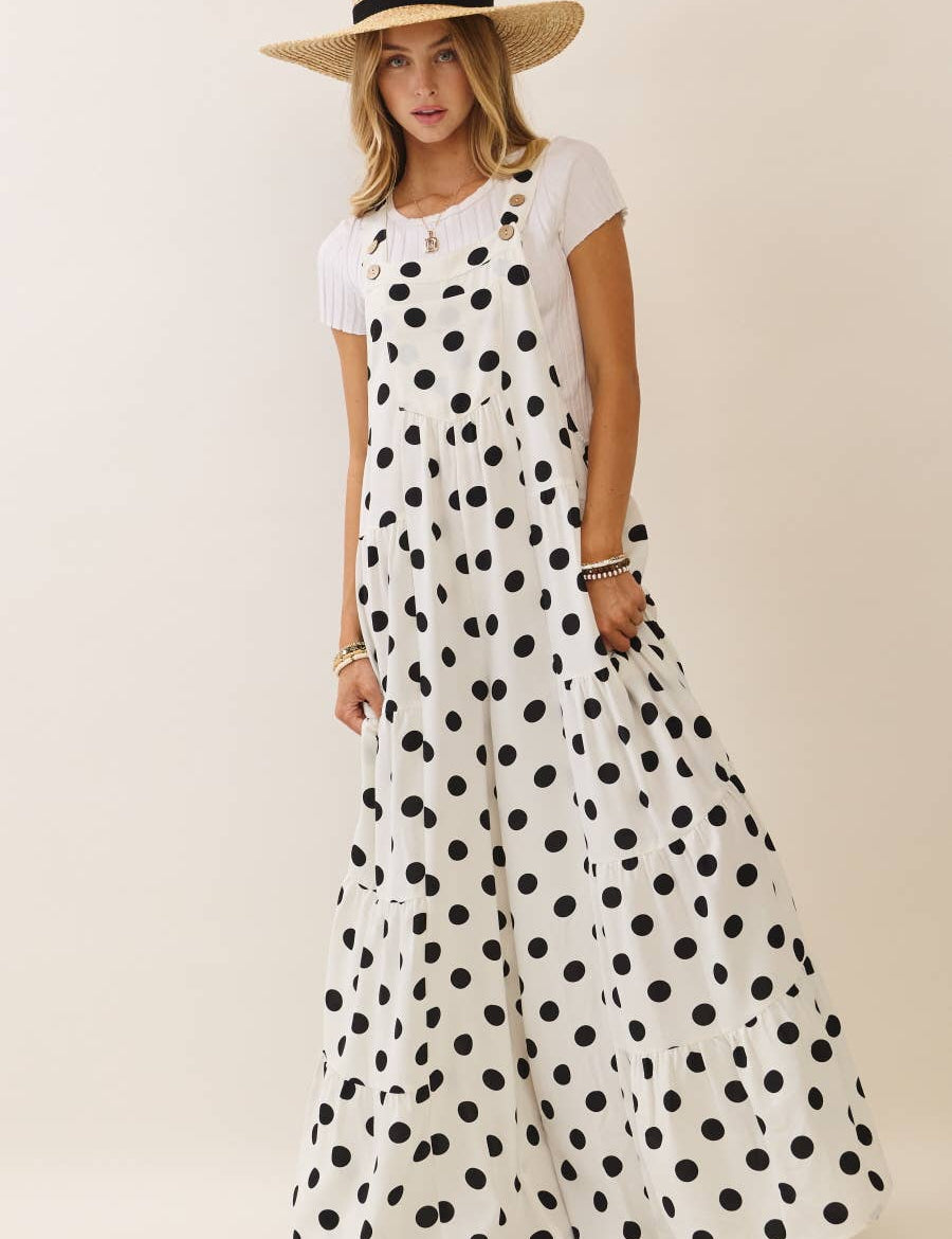Polka Dot Sling Maxi Jumpsuit: Navy White / S