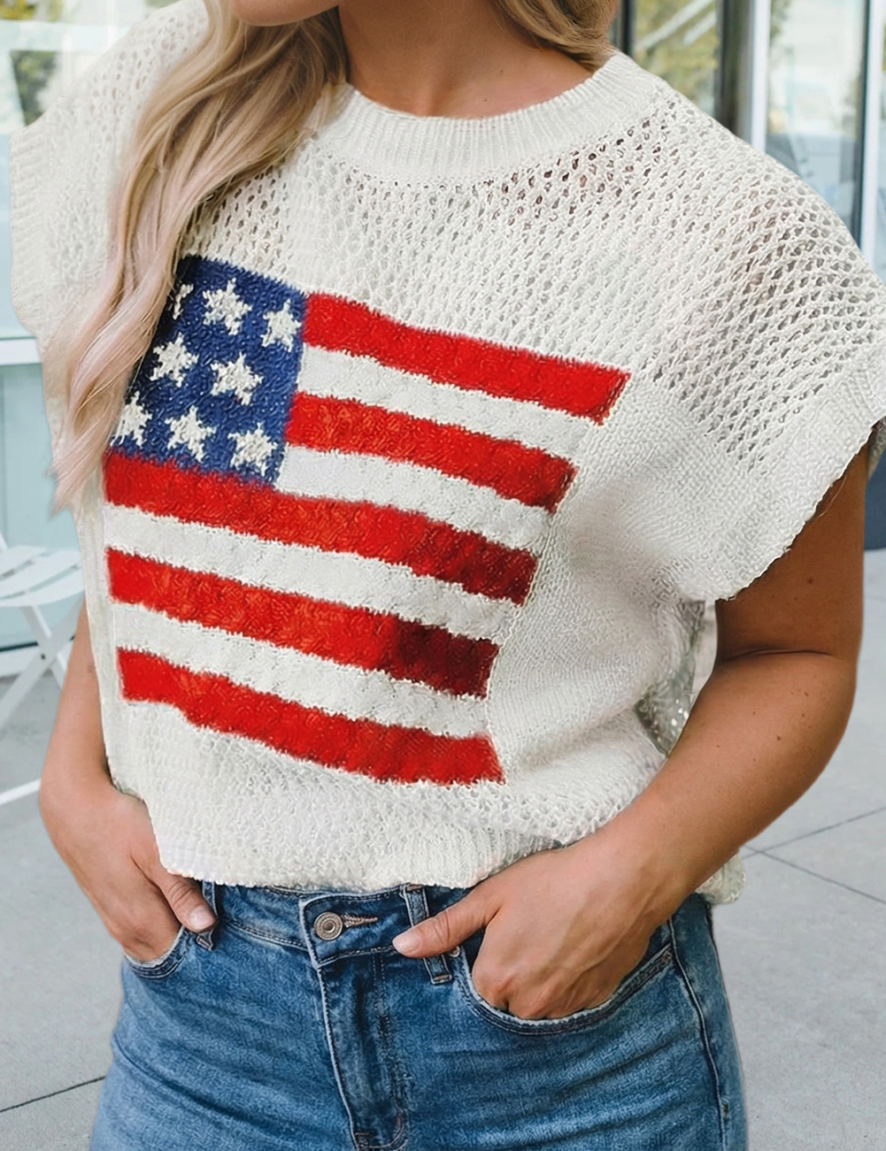 Flag Graphic Short Sleeve Sweater Top White