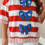 Stripe Sequin Bow Patriotic Half Sleeve Top XL