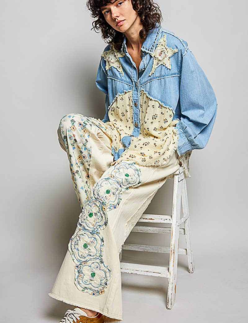 Drawstring Floral Patch Denim Pants