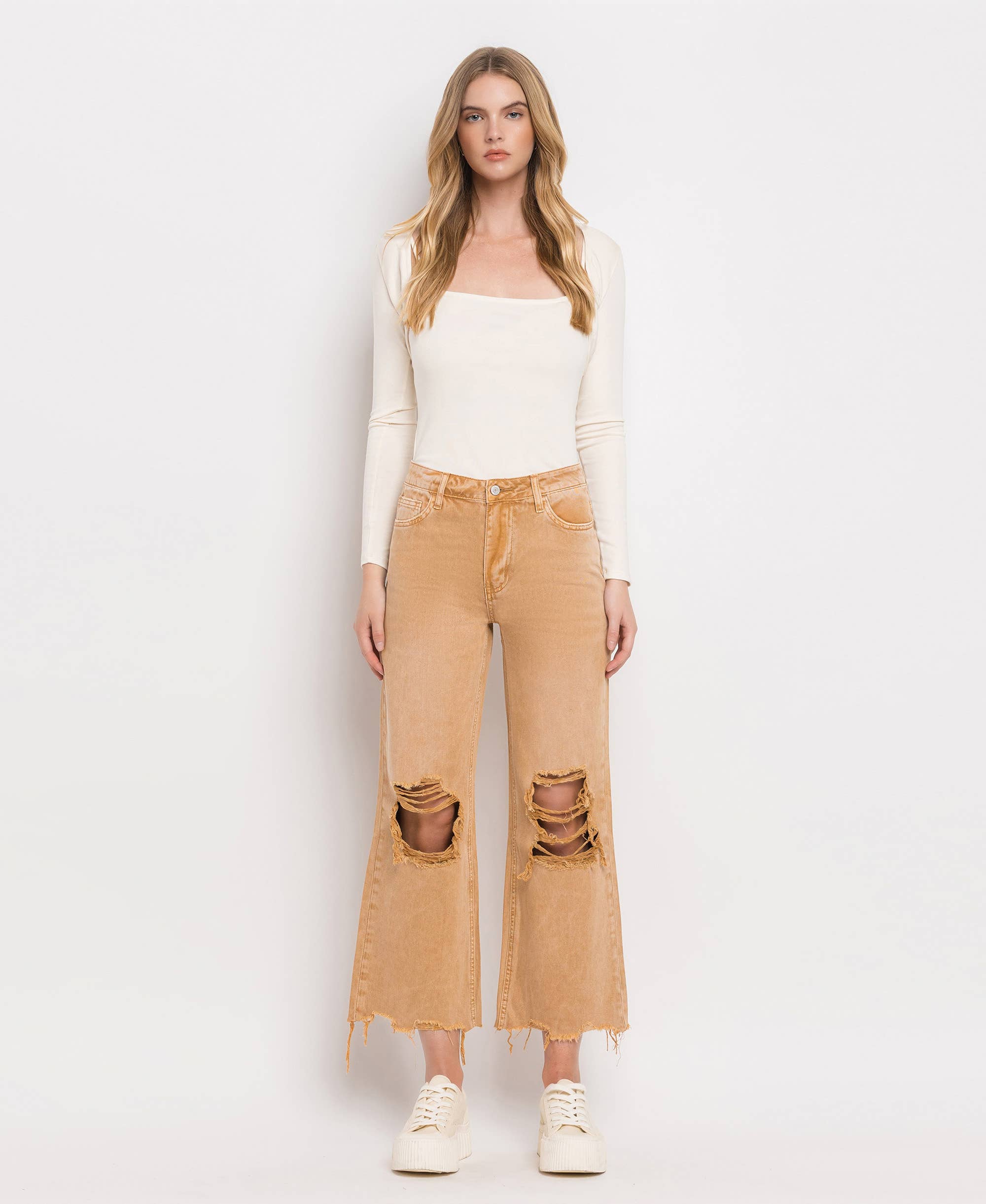 90'S VINTAGE SUPER HIGH RISE CROP FLARE JEANS V2736: KISS OF CALIFORNIA / 29
