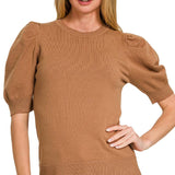 ,,..SI-25003 Viscose Puff Short Sleeve Sweater: H BEIGE-170996 / S