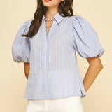 FLORAL GINGHAM BLOUSE TOP - 5707TD: Light Blue / L