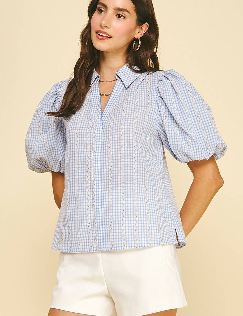 FLORAL GINGHAM BLOUSE TOP - 5707TD: Light Blue / M