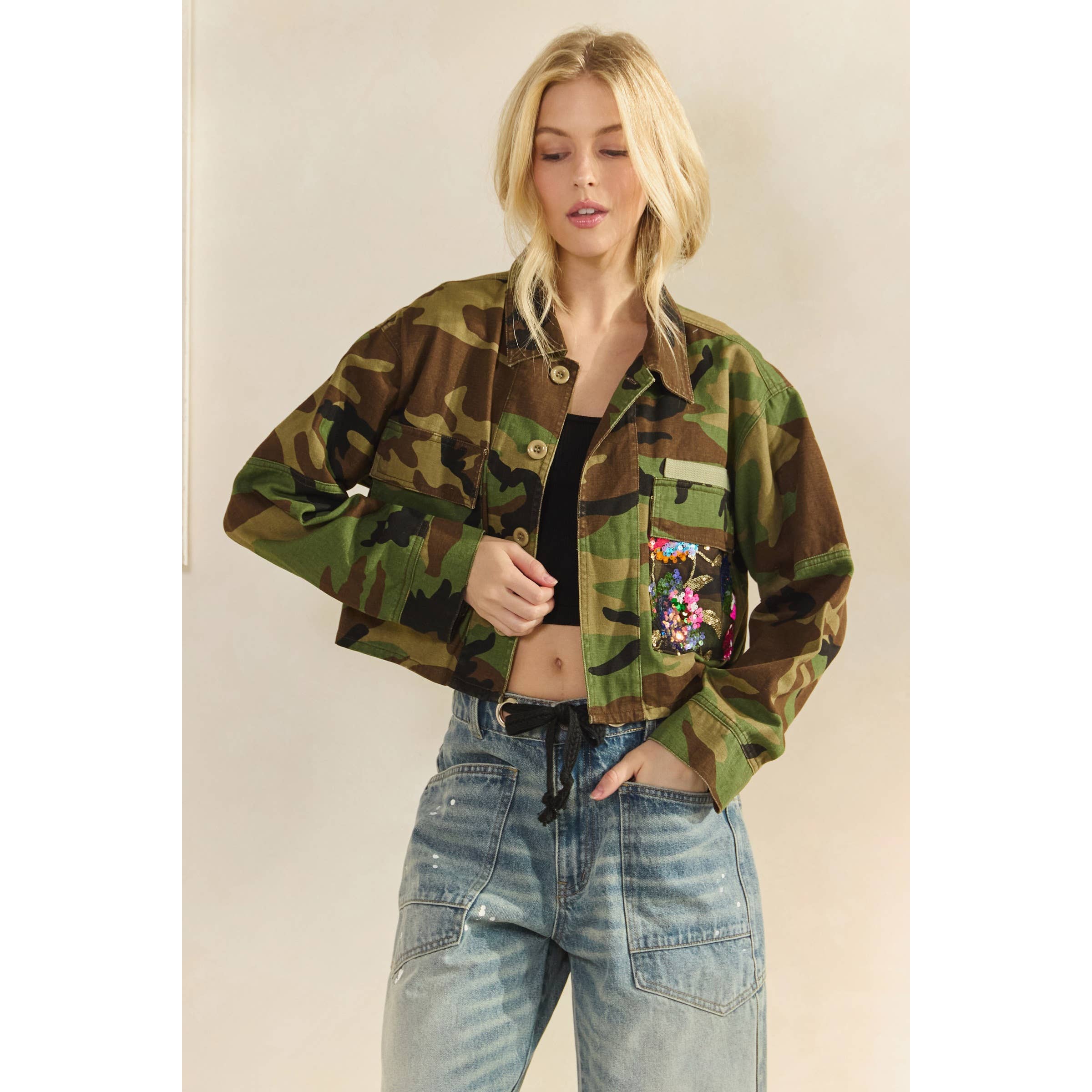 Camo Sequins Contrast Jacket: Camo Sequin / M