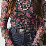 Spring Western Retro Floral Printed Mock Neck Mesh Top (S-4X: Multi-Colored / S