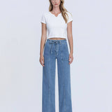 SUPER HIGH RISE TIE WAISTBAND WIDE LEG JEANS T6765: LUSH LIFE / 24