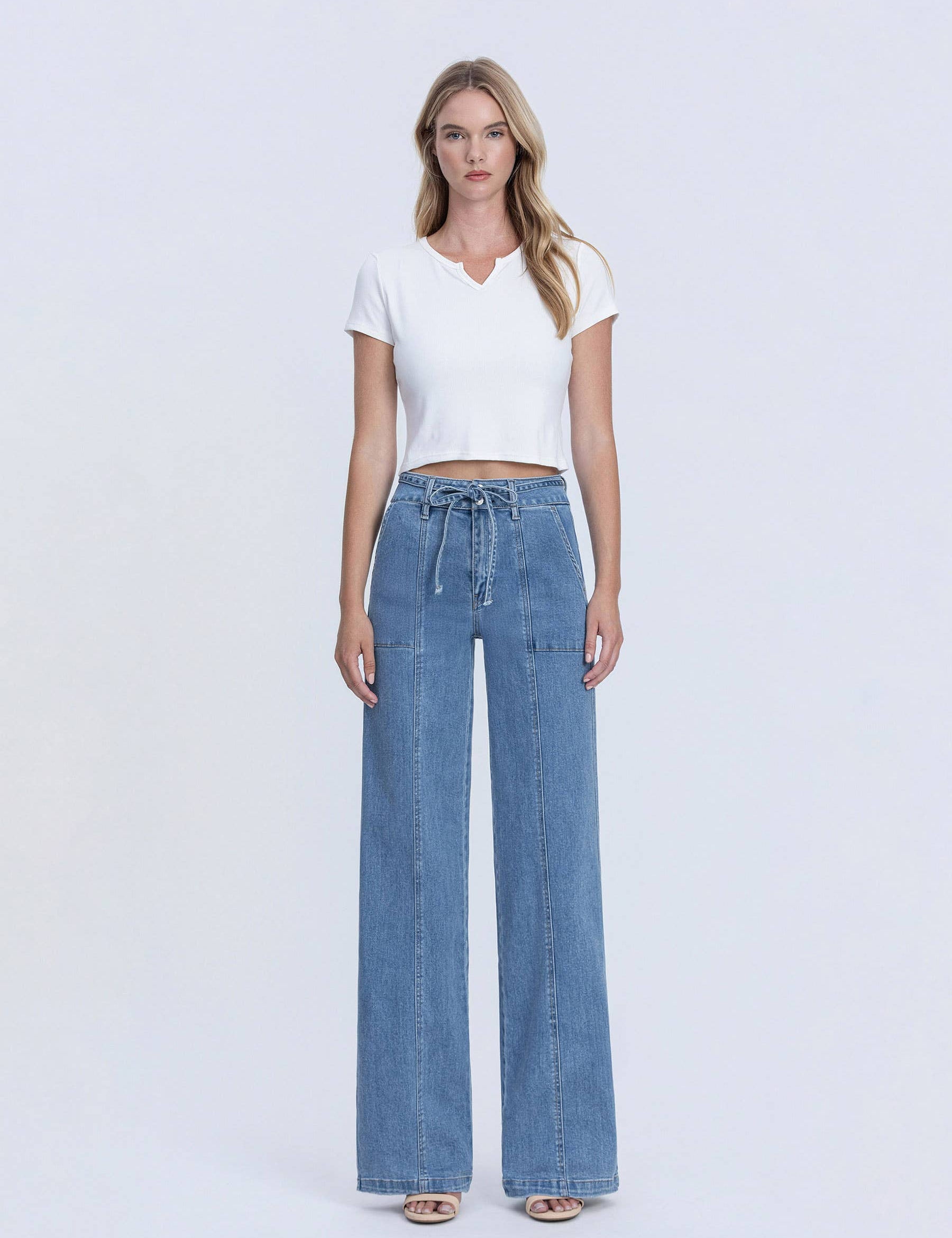 SUPER HIGH RISE TIE WAISTBAND WIDE LEG JEANS T6765: LUSH LIFE / 27