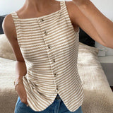 Striped Button Front Sleeveless Tank Top with Slit Hem: Apricot Color / 65%viscose+35%polyester / XL