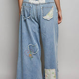 Waist Elastic Band Heart Floral Print Patch Wide Denim Pants: DENIM / M