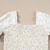 White Frilly Shirred Bodice Tiered Floral Maxi Dress: White / 100%Polyester / L