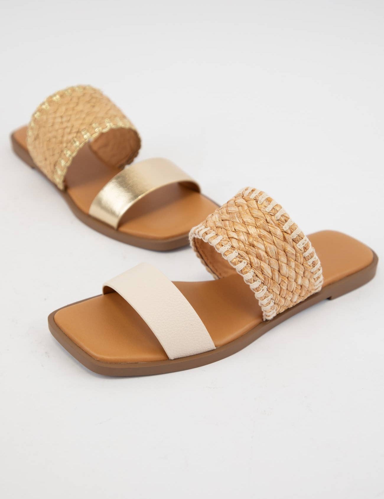 LYSETT BOLD DOUBLE STRAP SQUARE-TOE SLIP-ON SANDAL: BONE