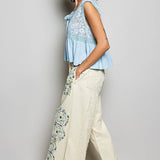 Drawstring Floral Patch Denim Pants
