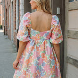 Women's Summer Floral Square Neck Puff Sleeve Babydoll Dress: Pink XL
