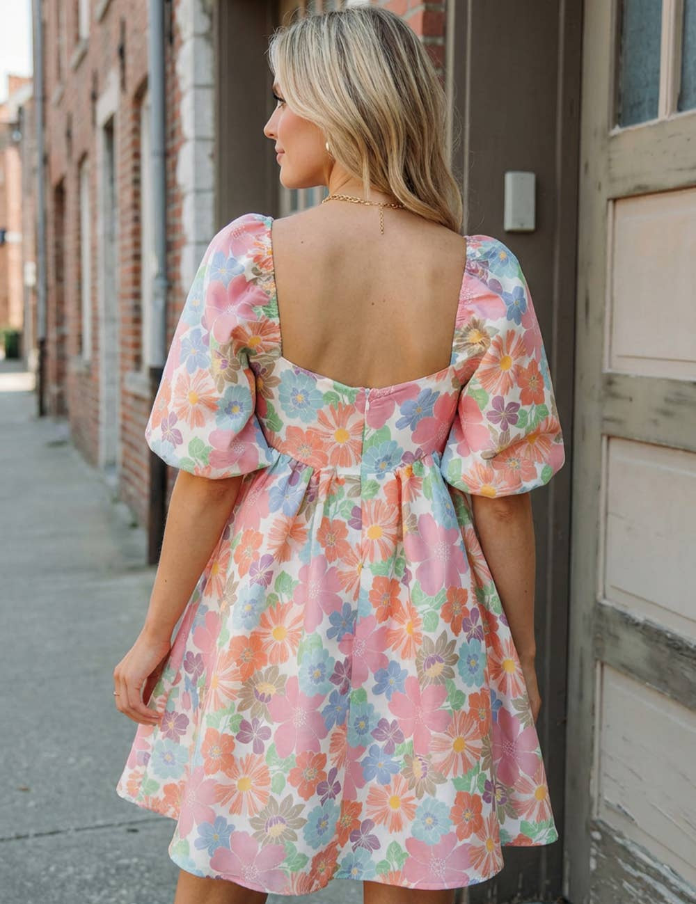 Women's Summer Floral Square Neck Dress: Pink L