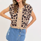 LEOPARD PRINT KNIT BUTTON-UP SWEATER TOP: TAUPE / Contemporary / L