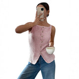 Striped Button Front Sleeveless Tank Top with Slit Hem: Apricot Color / 65%viscose+35%polyester / XL