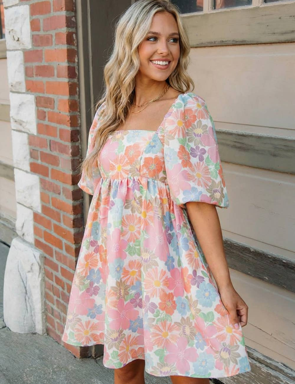 Women's Summer Floral Square Neck Puff Sleeve Babydoll Dress: Pink XL
