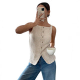 Striped Button Front Sleeveless Tank Top with Slit Hem: Apricot Color / 65%viscose+35%polyester / M