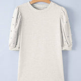 Puff Sleeve Top with Rhinestone and Pearl Embellishments: Light Grey / 75%Polyester+20%Cotton+5%Elastane / M