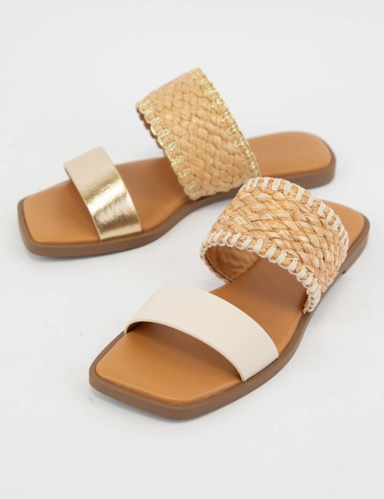 LYSETT BOLD DOUBLE STRAP SQUARE-TOE SLIP-ON SANDAL: BONE