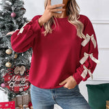 Crew Neck Pullover Top 3D Bowknot Trim Loose Sweatshirts: Pink / 100%polyester / S