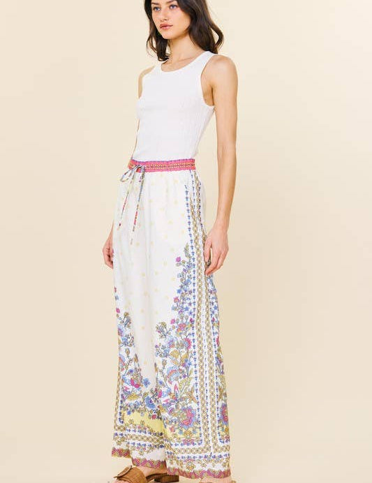 Border Print Wide Leg Pants: Yellow Multi / M