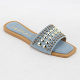 CHRISSY ROUND STUD EMBELLISHED SQUARE TOE SLIP ON SANDAL: White / A12