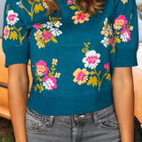 Fashion-W Flower Pattern Short Sleeve Knitted Sweater: As shown / Missy / L