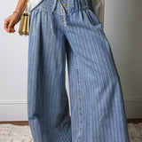 Stripe Button Pleated Drawstring Waist Casual Wide Leg Jeans: Blue / 14