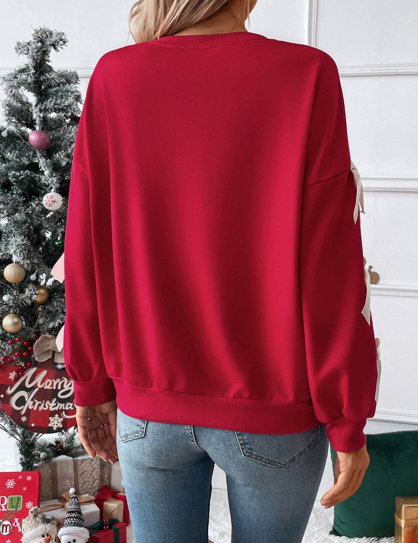 Crew Neck Pullover Top 3D Bowknot Trim Loose Sweatshirts: Pink / 100%polyester / S
