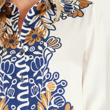 Printed Border-Print Long Sleeve Button-Down Blouse: Mustard-Navy / L
