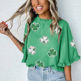 Green Sequin Clover Graphic Ruffled Trim Bell Sleeve St Patrick Blouse: Green / 100%Polyester / S