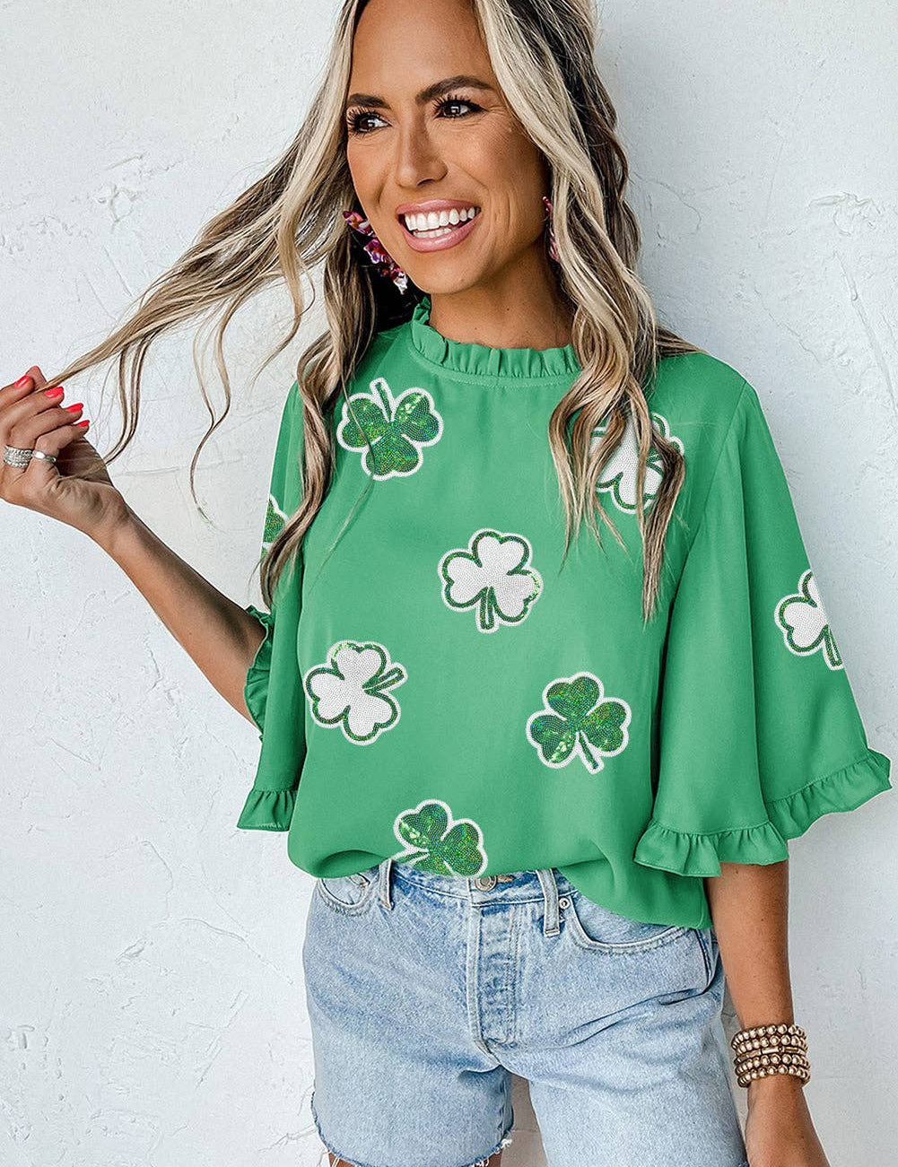 Green Sequin Clover Graphic Ruffled Trim Bell Sleeve St Patrick Blouse: Green / 100%Polyester / M