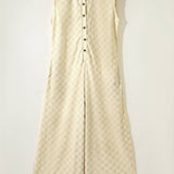 Half Buttons Sleeveless Wide Leg Textured Jumpsuit