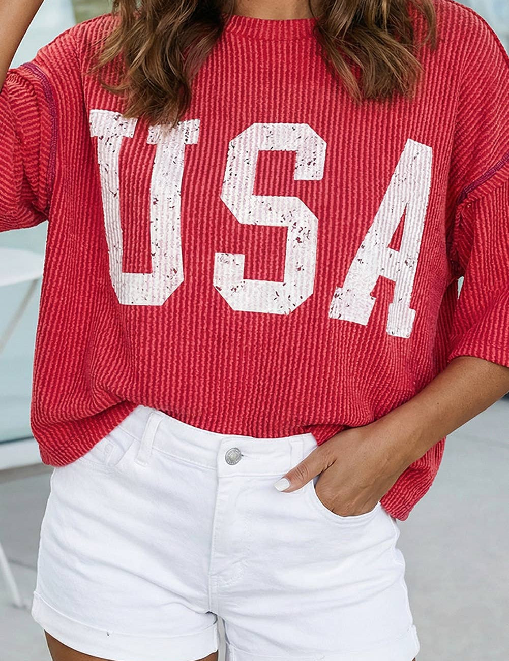 USA Graphic Half Sleeve Loose Ribbed Top (S-XL): Fiery Red / Missy / M