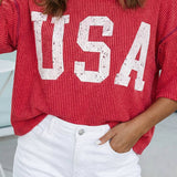 USA Graphic Half Sleeve Loose Ribbed Top (S-XL): White / Missy / S