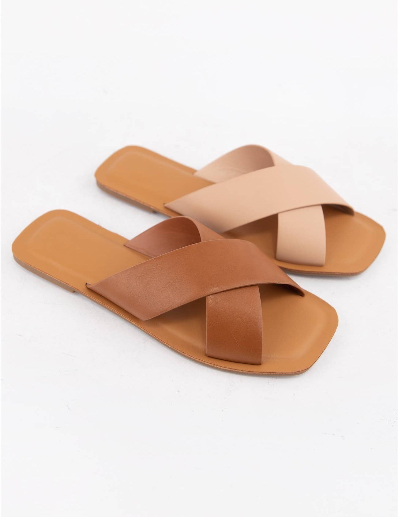 Cross Strap Slide Sandals Minimal Leather Flat Slide
