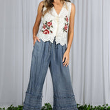 Flared Ruffle Hem Washed Chambray Crop Denim Pants VP83039: Washed Denim / L