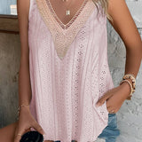 Multicolor Lace Crochet Splicing V Neck Loose Fit Tank Top: Apricot Pink / 95%Polyester+5%Elastane / M