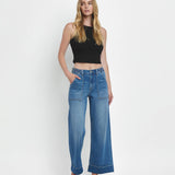 HIGH RISE DOUBLE CUFFED BAGGY WIDE JEANS V3589: ENVIABLY / 28