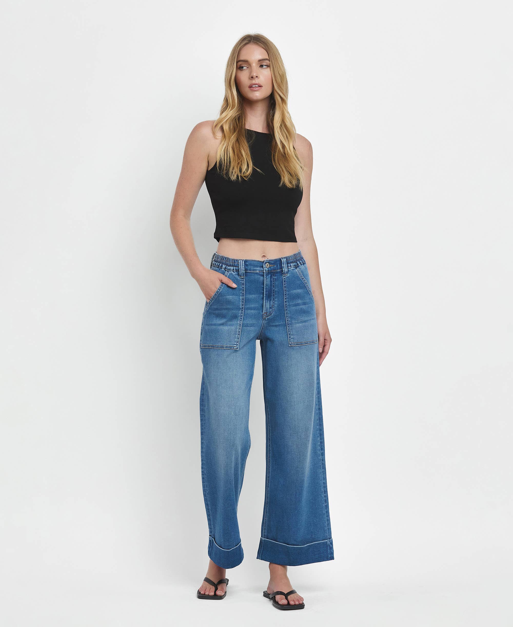 HIGH RISE DOUBLE CUFFED BAGGY WIDE JEANS V3589: ENVIABLY / 28