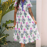 White Floral Puff Short Sleeve V Neck High Waist L
