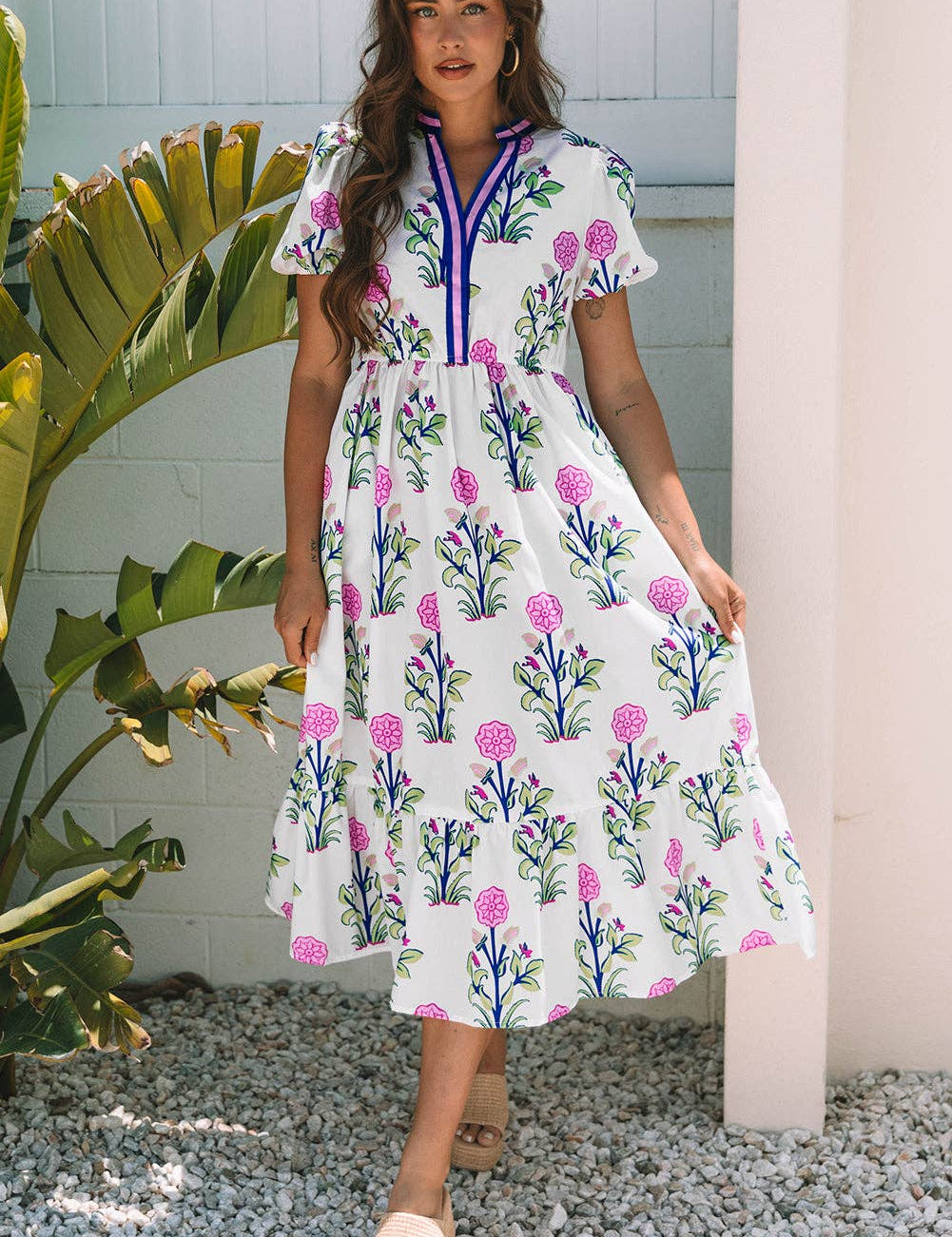 White Floral Puff Short Sleeve V Neck High Waist Maxi Dress: Blue M