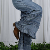 Flared Ruffle Hem Washed Chambray Crop Denim Pants VP83039: Washed Denim / L