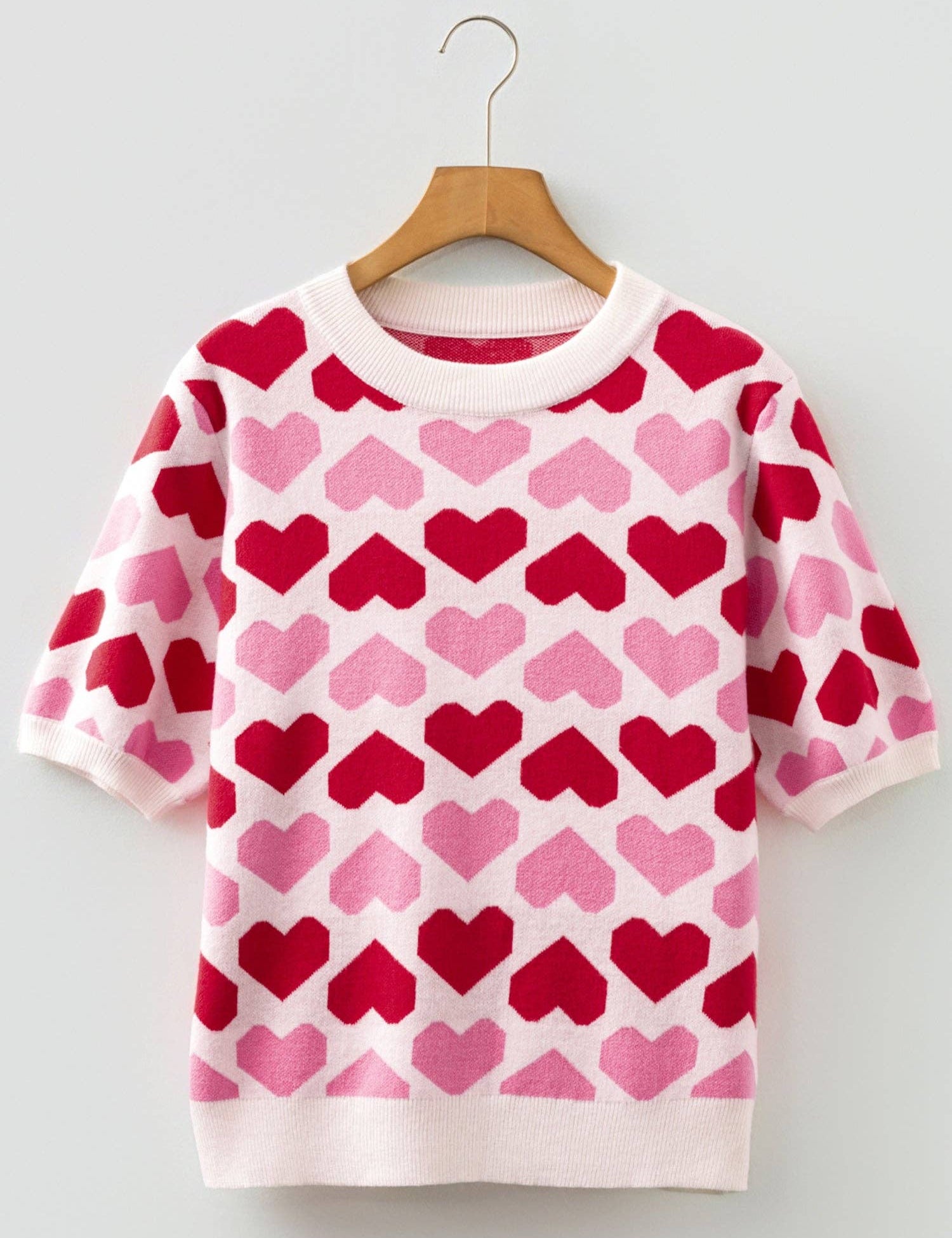 Pink Heart Print Short Sleeve Knit Sweater Valentine Top: Sachet Pink / 52%Viscose+26%Polyester+22%Polyamide / S