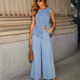 SOLID COLOR LOOSE DENIM WIDE LEG PANTS VEST SUIT: BLUE / (M) 1